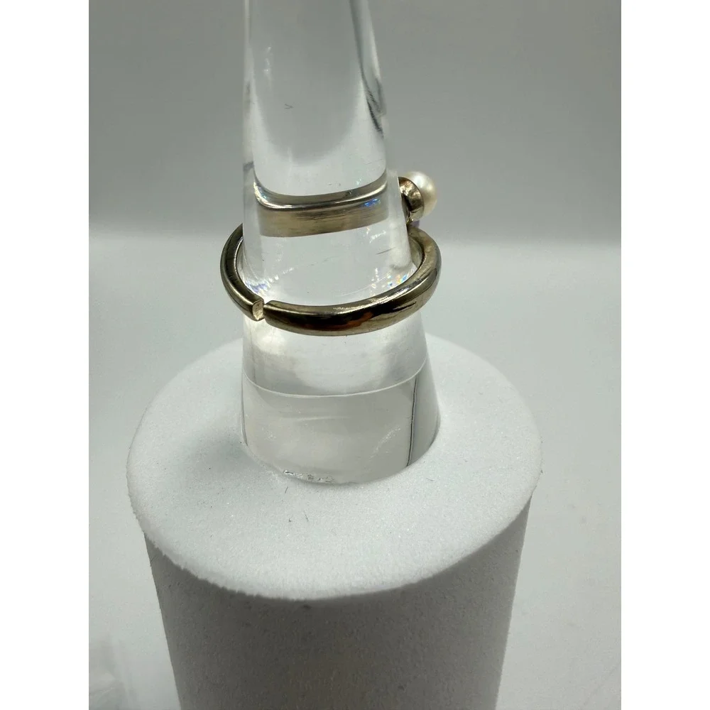 Vintage Bypass Ring White Pearl Purple Amethyst Stone‎ Silver Tone Size 7.5